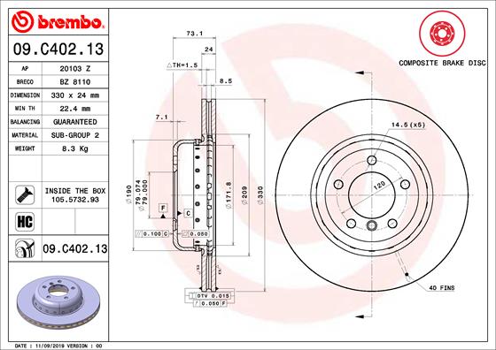 Remschijven Brembo 09.C402.13