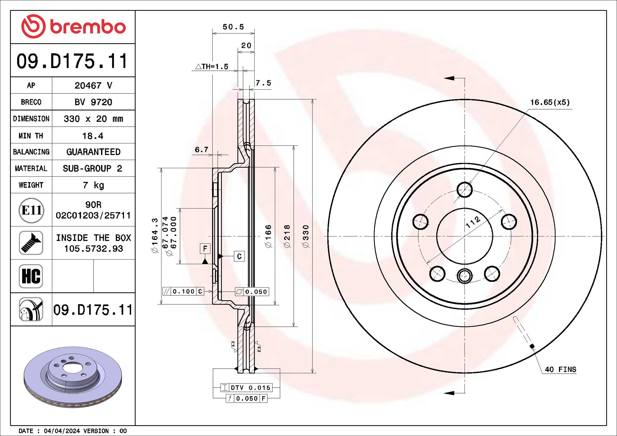 Remschijf Brembo 09.D175.11