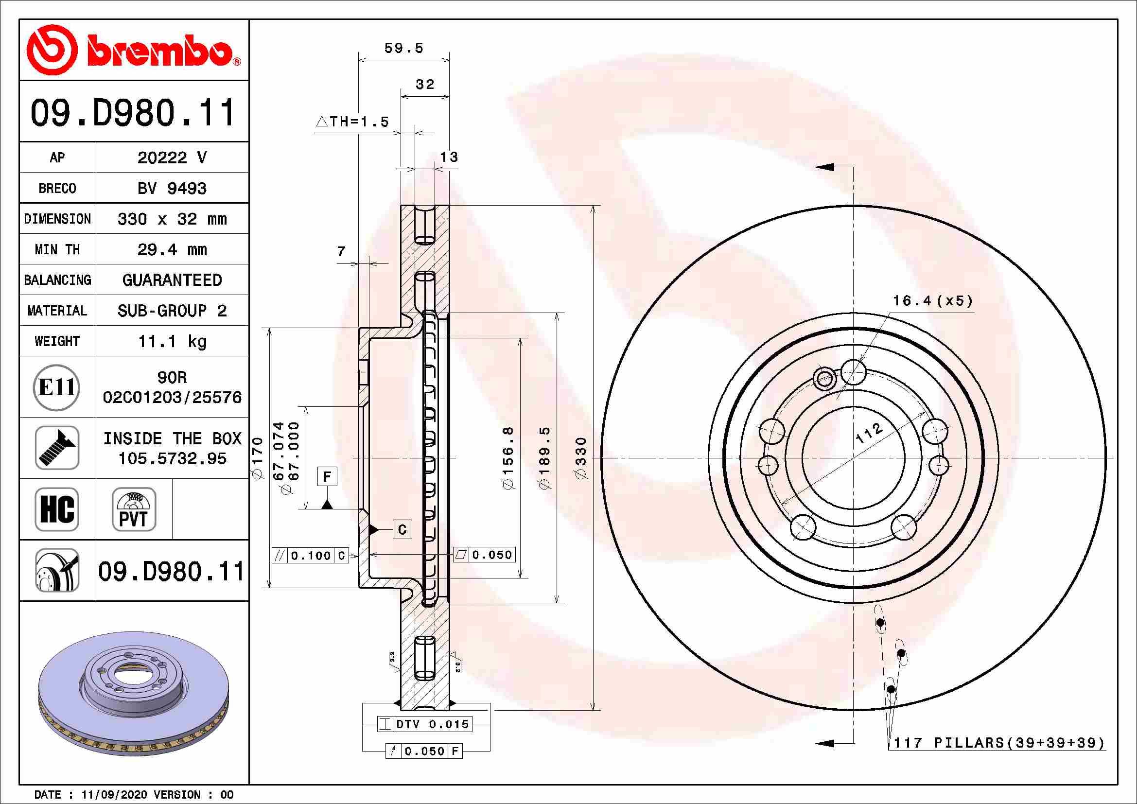 Remschijven Brembo 09.D980.11