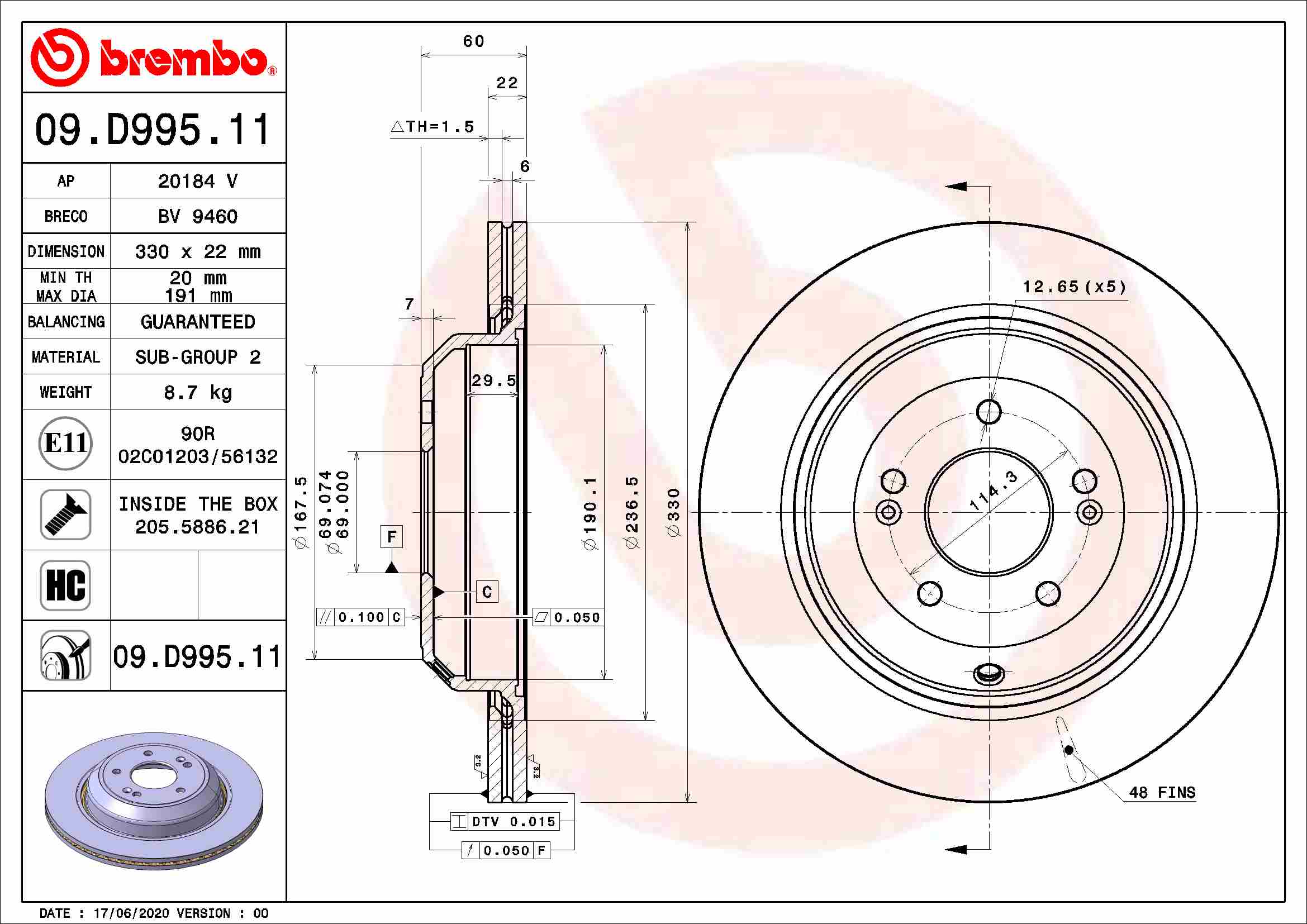 Remschijven Brembo 09.D995.11