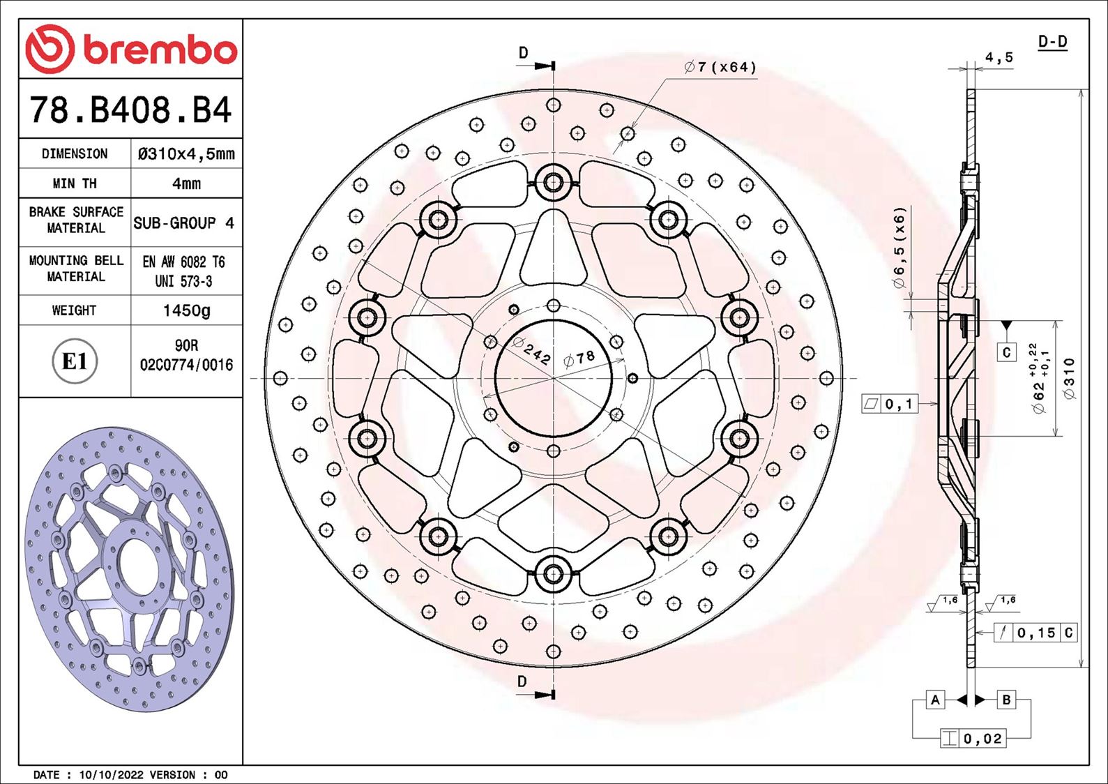 Remschijf Brembo 78B408B4