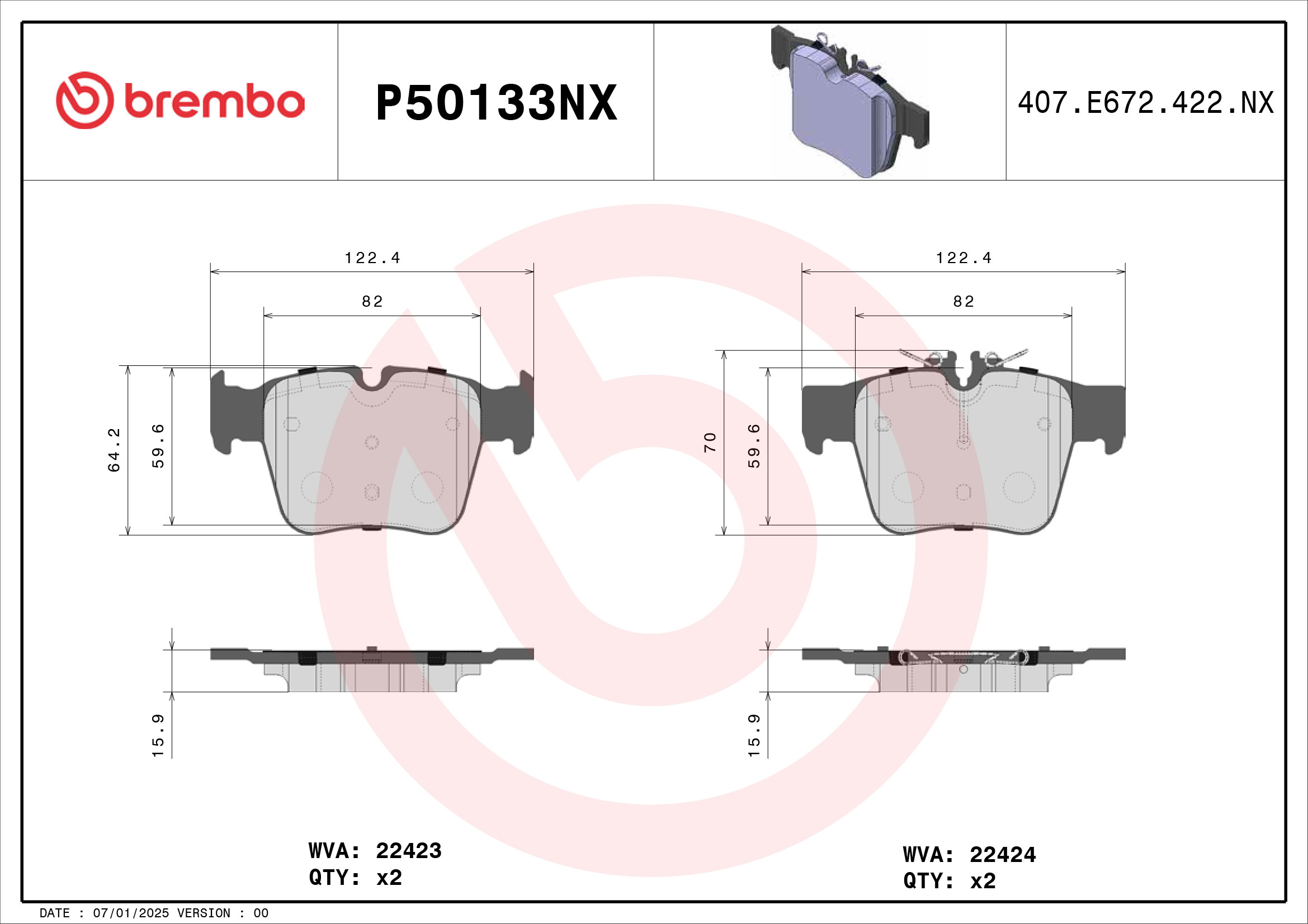 Remblokkenset, schijfrem Brembo P50133NX