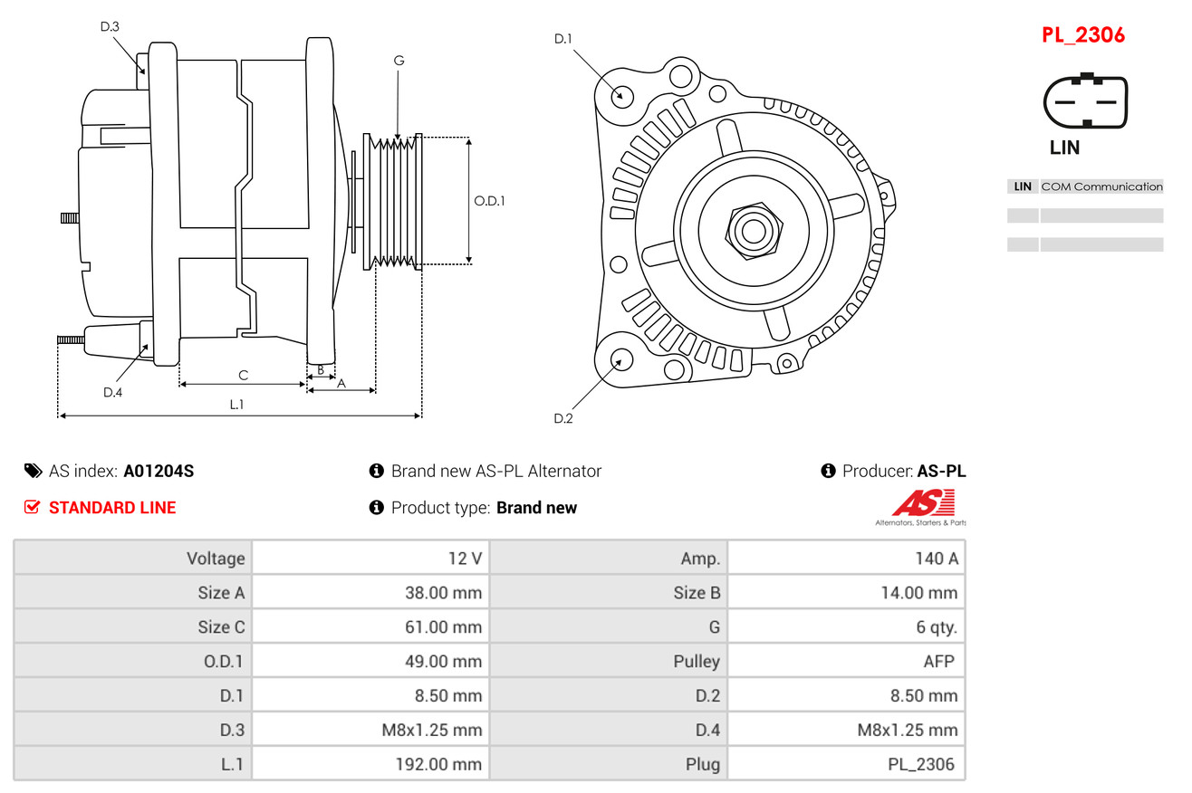 Dynamo / Alternator AS-PL A01204S