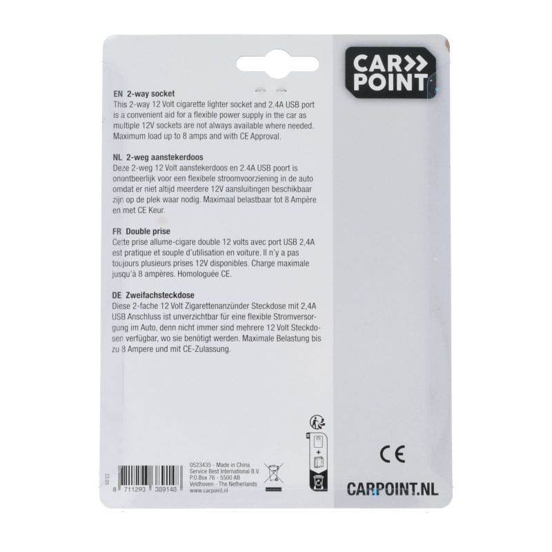 Carpoint Carpoint 2-weg Stekkerdoos 2x12V 1xUSB 2.4A 0523435