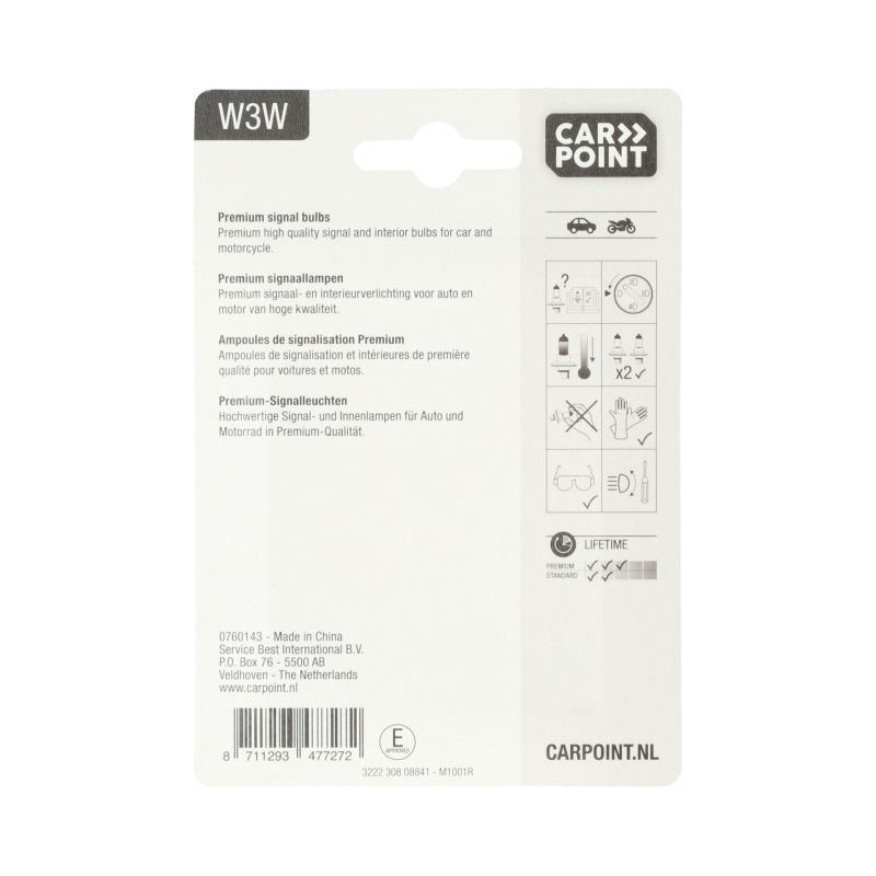 Carpoint Carpoint Premium Autolampen 12V W3W 2 Stuks 0760143