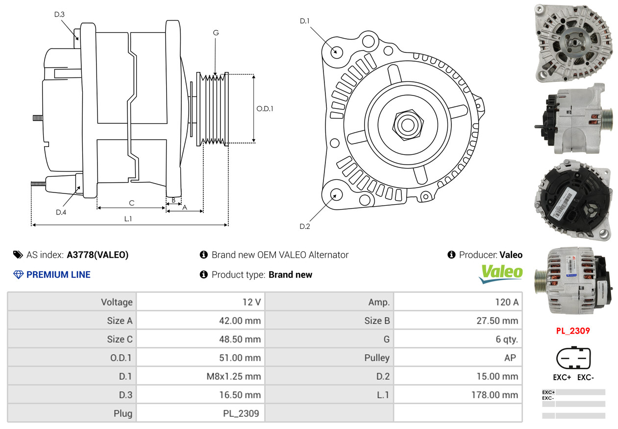 AS-PL Dynamo / Alternator A3778(VALEO)