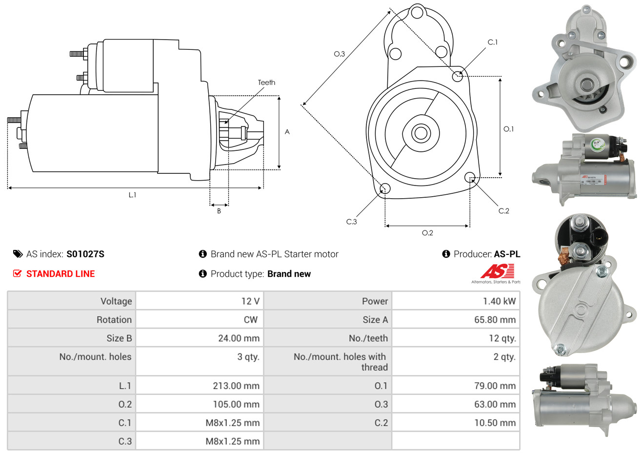 AS-PL Startmotor / Starter S01027S