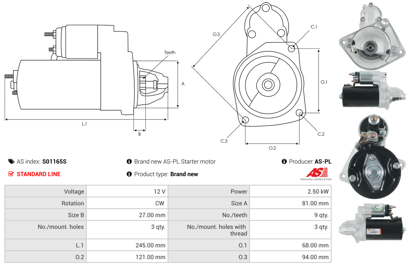AS-PL Startmotor / Starter S01165S