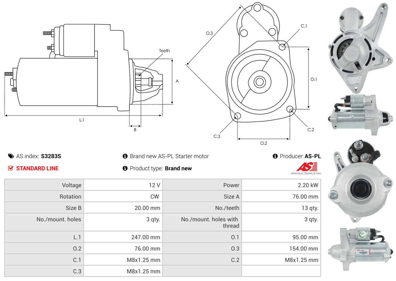 AS-PL Startmotor / Starter S3283S