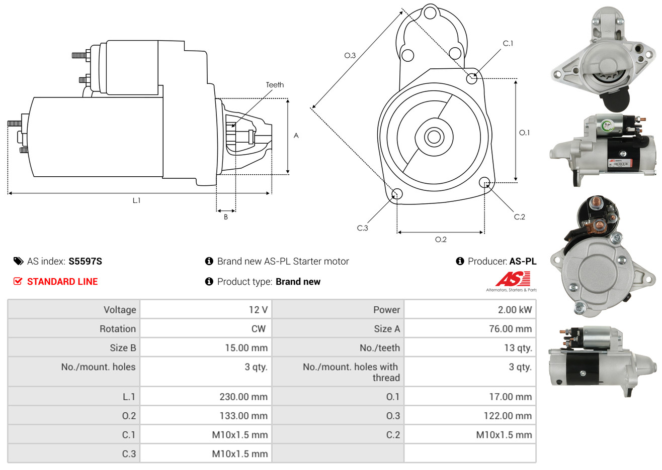 AS-PL Startmotor / Starter S5597S