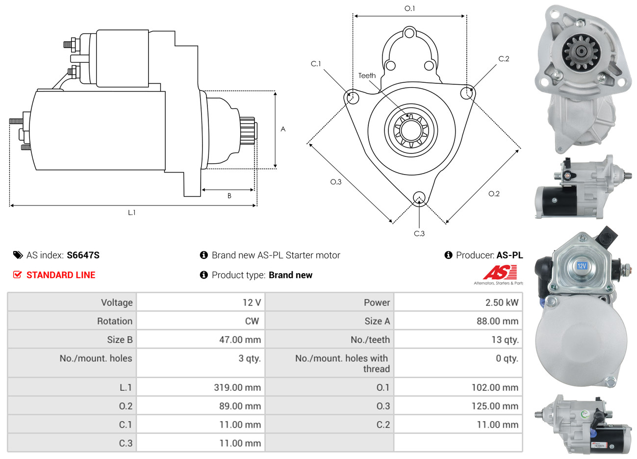 AS-PL Startmotor / Starter S6647S