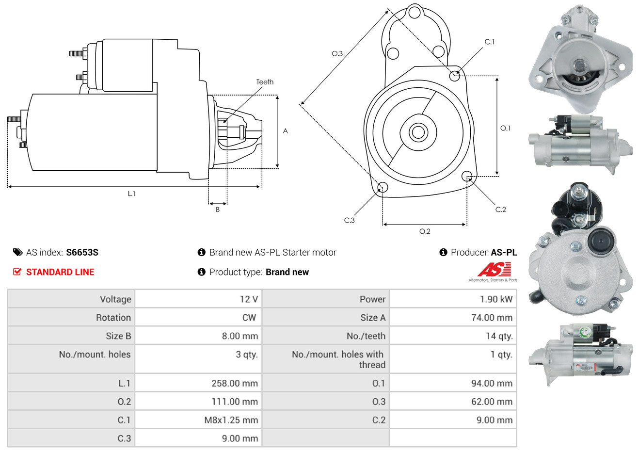 AS-PL Startmotor / Starter S6653S