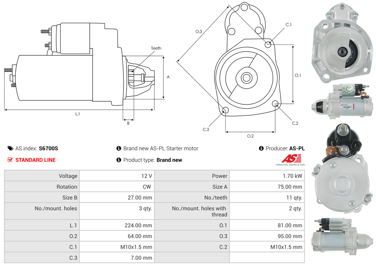 AS-PL Startmotor / Starter S6700S