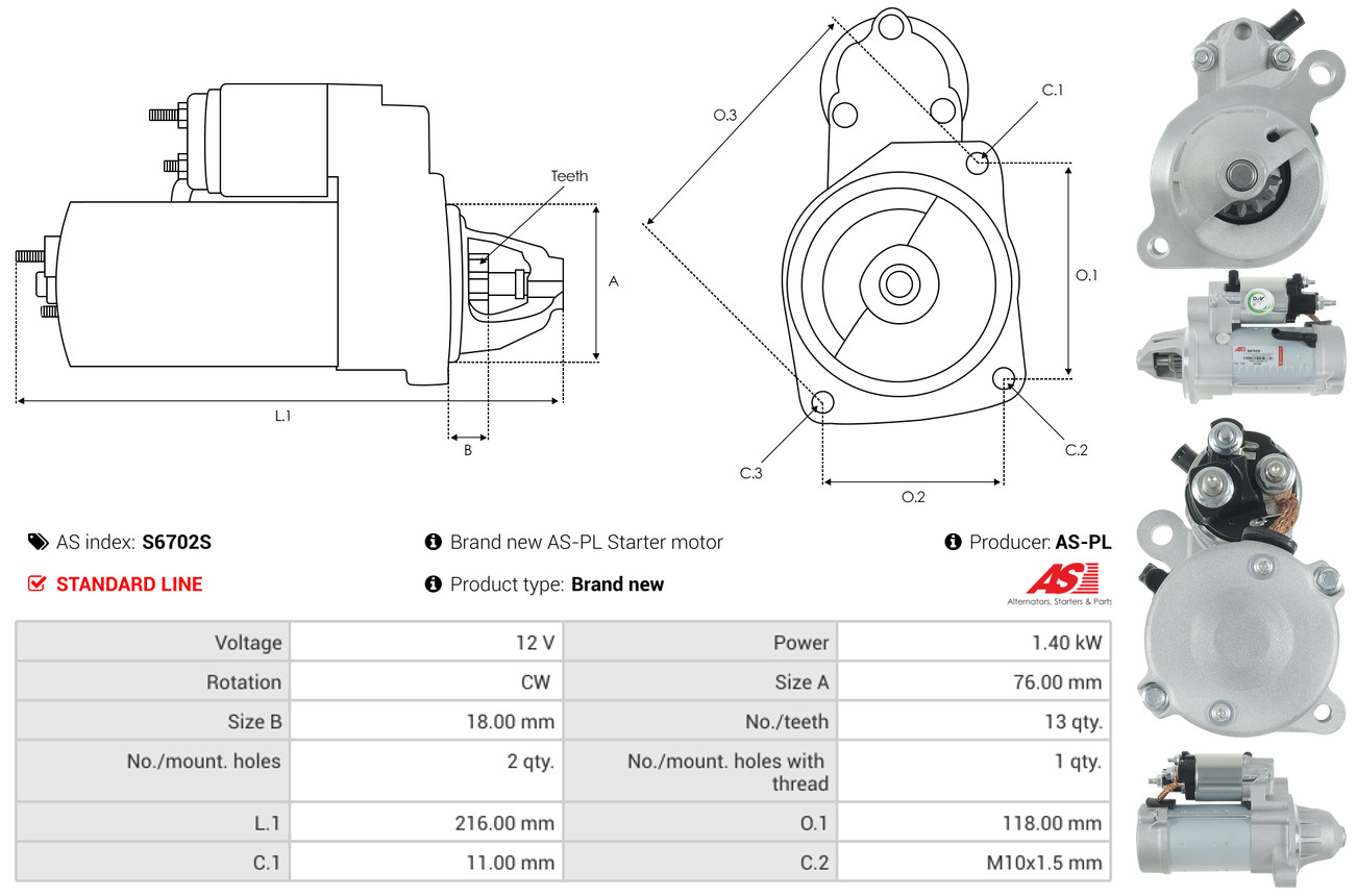 AS-PL Startmotor / Starter S6702S