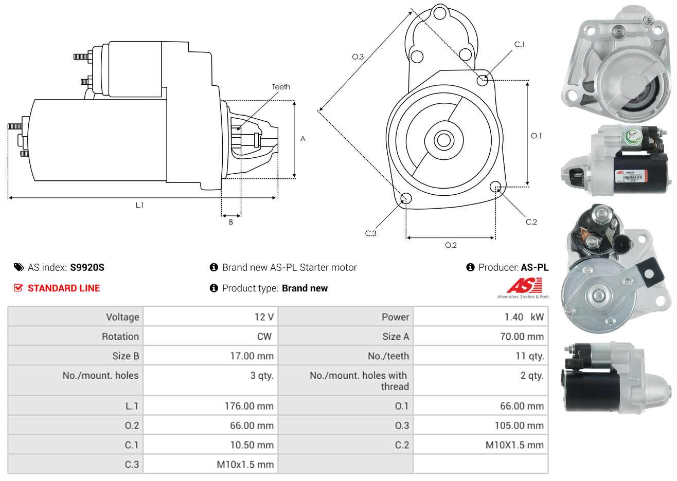 AS-PL Startmotor / Starter S9920S