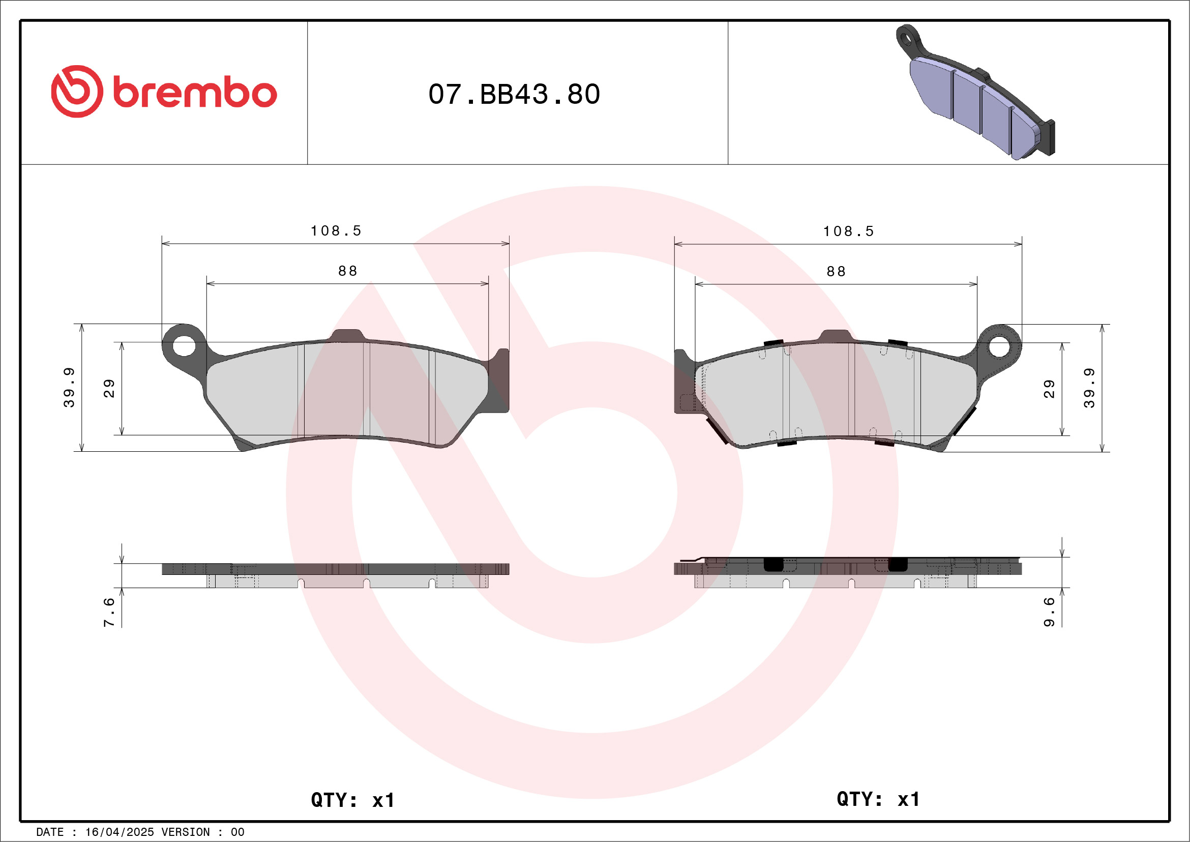 Brembo Remblokkenset, schijfrem 07BB4380