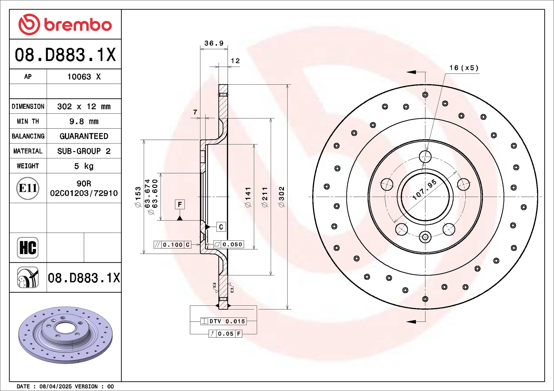 Brembo Remschijf 08.D883.1X