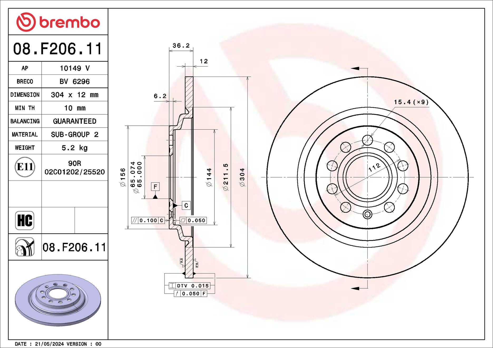 Brembo Remschijf 08.F206.11