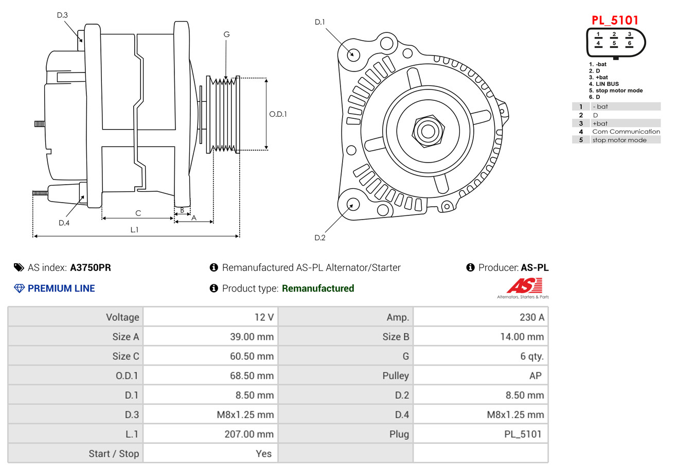 AS-PL Dynamo / Alternator A3750PR